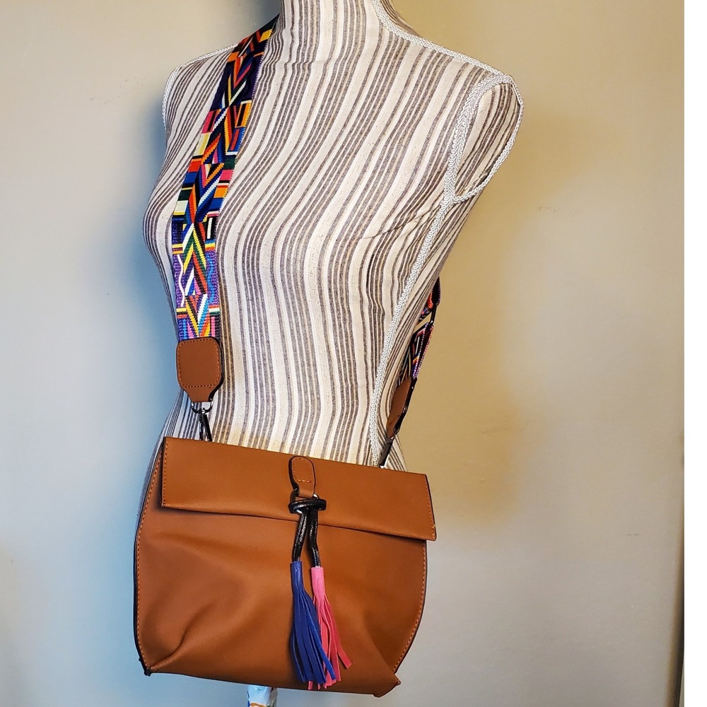 Threaded Pear Cognac Vegan Leather Crossbody Bag Geometric Guitar Strap Tassels